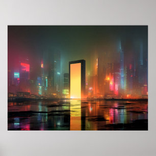 Futuristische Stadtlandschaft mit Neonreflexionen Poster
