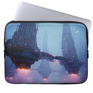 Futuristische Stadtlandschaft mit schwebenden Stru Laptopschutzhülle