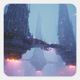Futuristische Stadtlandschaft mit schwebenden Stru Quadratischer Aufkleber