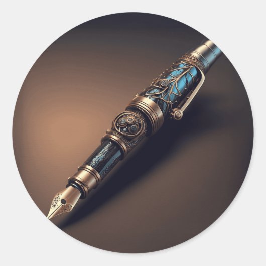 Futuristische Steampunk Style Fantasy Fountain Pen Runder Aufkleber (Vorderseite)