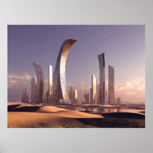 Futuristische surrealistische Wolkenkratzer in wüs Poster