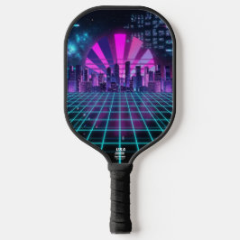 Futuristische Synthwave-Stadtlandschaft Neonlila Pickleball Schläger