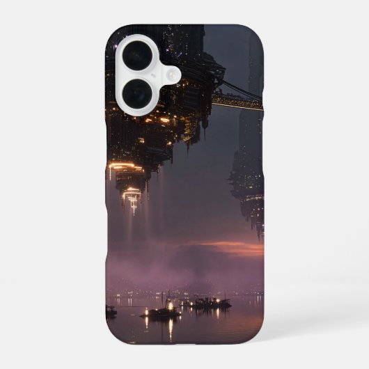 Futuristische Türme über dem Hafen schweben iPhone 16 Hülle (Rückseite)