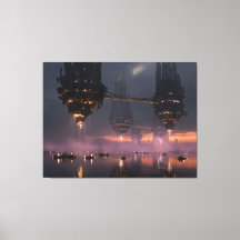 Futuristische Türme über dem Hafen schweben