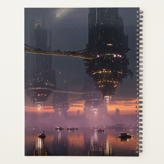 Futuristische Türme über dem Hafen schweben Planer (Rückseite)