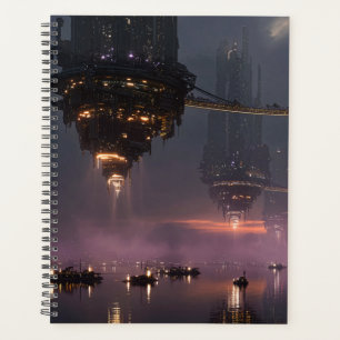 Futuristische Türme über dem Hafen schweben Planer