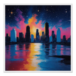 Futuristische urbane Skyline bei Sonnenuntergang P Poster