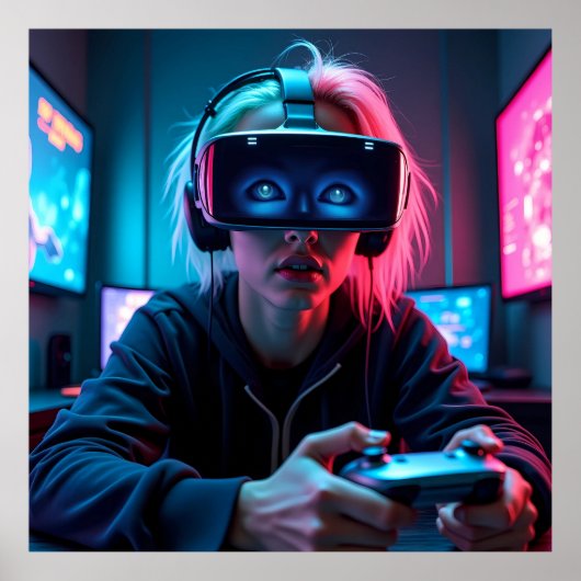 Futuristischer Cyber-Gamer mit AR Visor AI Poster (Vorne)