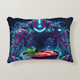 Futuristischer Cyberpunk-Roboter Neon Food Ramen Dekokissen