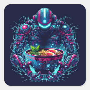 Futuristischer Cyberpunk-Roboter Neon Food Ramen Quadratischer Aufkleber