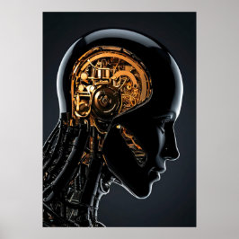 Futuristischer goldener mechanischer Kopf Schwarze Poster