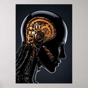 Futuristischer goldener mechanischer Kopf Schwarze Poster