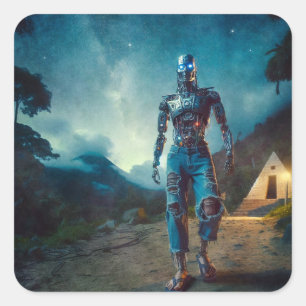 Futuristischer Roboter in antiker Landschaft Quadratischer Aufkleber