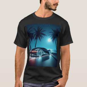 Futuristischer Sportwagen im Neonlicht vor Palmen  T-Shirt