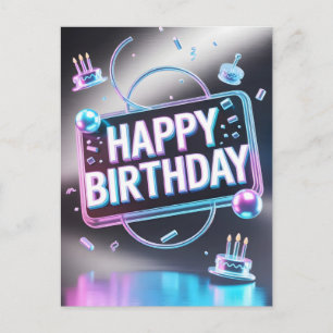 Futuristisches 3D-"Happy Birthday"-Neonschild Feiertagspostkarte