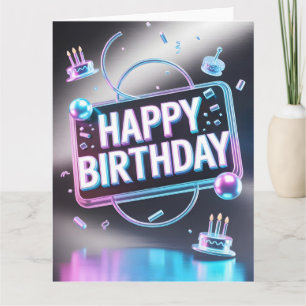 Futuristisches 3D-"Happy Birthday"-Neonschild Karte