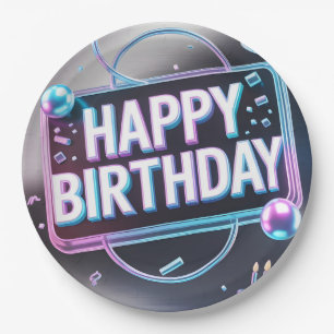Futuristisches 3D-"Happy Birthday"-Neonschild Pappteller