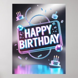 Futuristisches 3D-"Happy Birthday"-Neonschild Poster