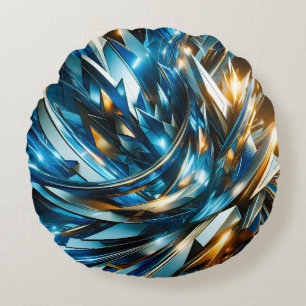 Futuristisches Blau Gold Abstrakt Metallisch Geome Rundes Kissen