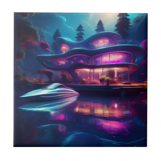 Futuristisches Haus am See Fliese (Vorderseite)