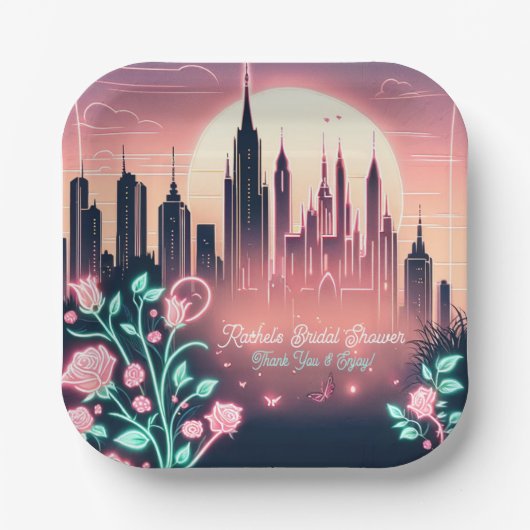 Futuristisches Neon-Brautparty für elektrische Ros Pappteller (Vorderseite)