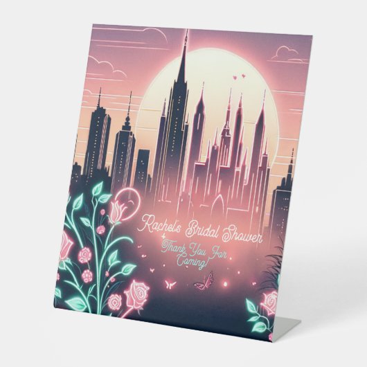 Futuristisches Neon-Brautparty für elektrische Ros Sockelschild (Vorderseite)