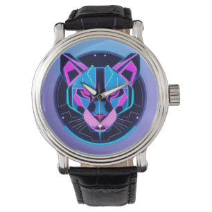 Futuristisches Neon-Panthergesicht in geometrische Armbanduhr