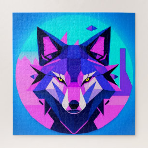 Futuristisches Neon Wolf-Gesicht in geometrischer  Puzzle
