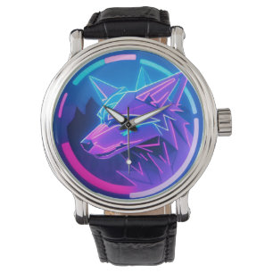 Futuristisches Neon-Wolfgesicht in geometrischer K Armbanduhr