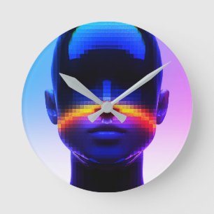 Futuristisches Pixel-Art-Porträt – Digitale Abstra Runde Wanduhr
