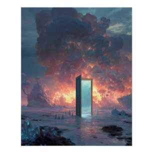 Futuristisches Portal vor feurigen Himmeln Poster