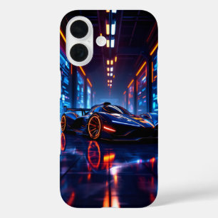 Futuristisches Rennfahrzeug in Neongarage iPhone 16 Hülle