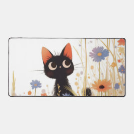 Fuzzy Black Cat Wide Eye Orange Meadow Flower Schreibtischunterlage