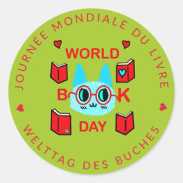 Fuzzy Cat World Book Day Journal Mondiale du Livre Runder Aufkleber