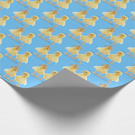 Fuzzy Duckling Couple auf blau Geschenkpapier (Ecke)