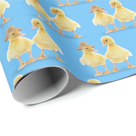 Fuzzy Duckling Couple auf blau Geschenkpapier (Rolleneckpunkt)