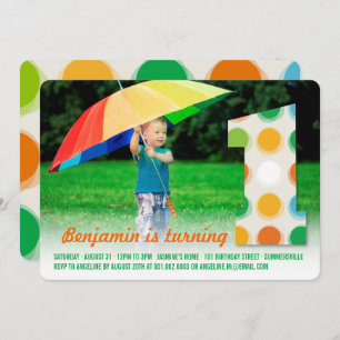 Fuzzy Modern Color Dots 1. Geburtstag Party Foto Einladung