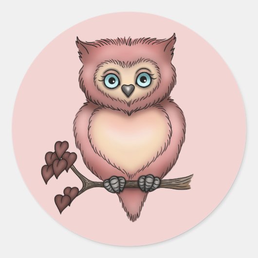 Fuzzy Pink Owl Liebe Herz Valentine Runder Aufkleber (Vorderseite)