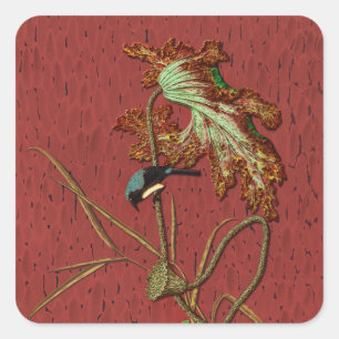 G.A. Audsley Vintage Roter Japanischer Vogel Lotus Quadratischer Aufkleber