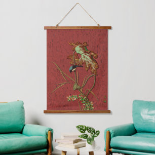 G.A. Audsley Vintage Roter Japanischer Vogel Lotus Wandteppich Mit Holzrahmen