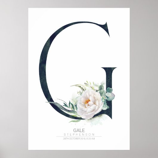 G Buchstabe Monogramm Weiße Blumen und Grün Poster (Vorne)