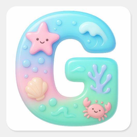 "G" Cute Bubble Letter - Underwater Sea Creature Quadratischer Aufkleber (Vorderseite)