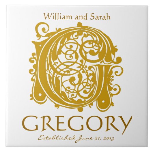 G Gold Monogram on White - Names Wedding Date Tile Fliese (Vorderseite)