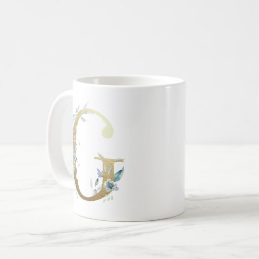 G Golden Initial mit blauem Blumenblättern Kaffeetasse (Vorderseite Links)