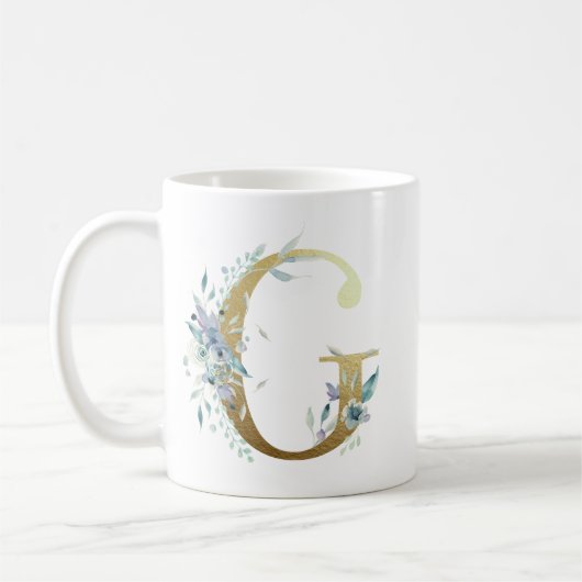 G Golden Initial mit blauem Blumenblättern Kaffeetasse (Links)