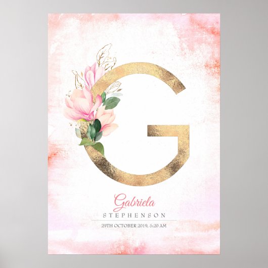 G Letter Monogram Gold Blätter Pink Magnolia Flora Poster (Vorne)