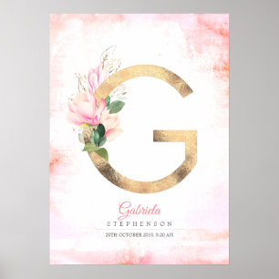 G Letter Monogram Gold Blätter Pink Magnolia Flora Poster