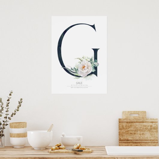 G Letter Monogram Weiße Blume und Grüne Poster (Küche)