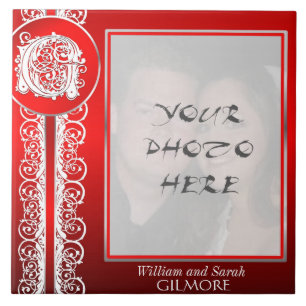 G Monogramm "Weiße Spitzen auf Rot" mit Foto - Til Fliese