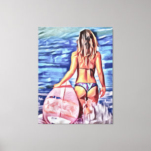 G-STRING BIKINI SURFER MÄDCHEN LEINWAND ART DRUCK